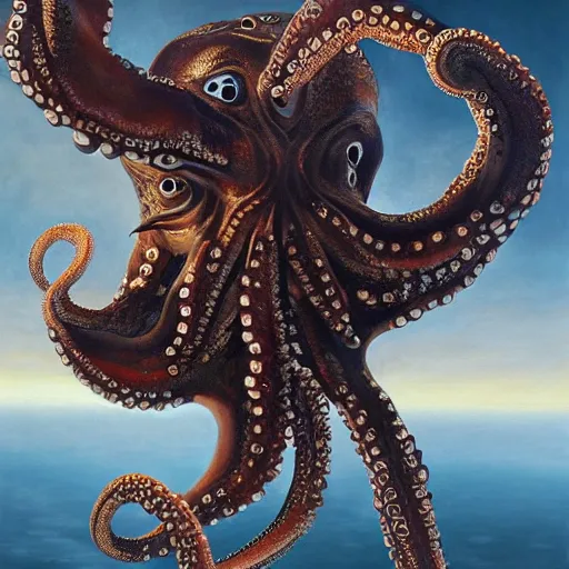 Prompt: an octopus with wings flying with birds, oil on canvas, portrait, intricate, 8k highly professionally detailed, HDR, CGsociety