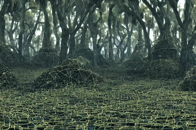 Image similar to Swamp full of trees made out of thousands of wires and pipes with an ancient technomancer temple in the center, close up, ultra realistic reflections, octane render