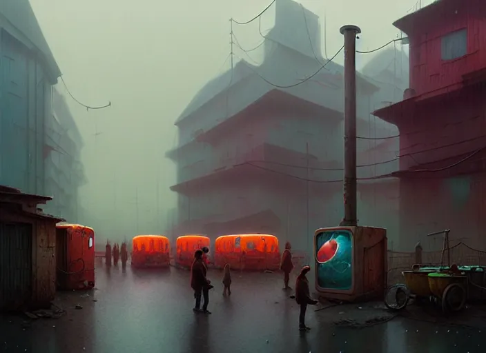 Prompt: waiting in line for cold soup by simon stalenhag and tom bagshaw marc simonetti and quint buchholz, slums, highly detailed, hyperrealism, dreary, cold, cloudy, grey, smog, high contrast, solarpunk