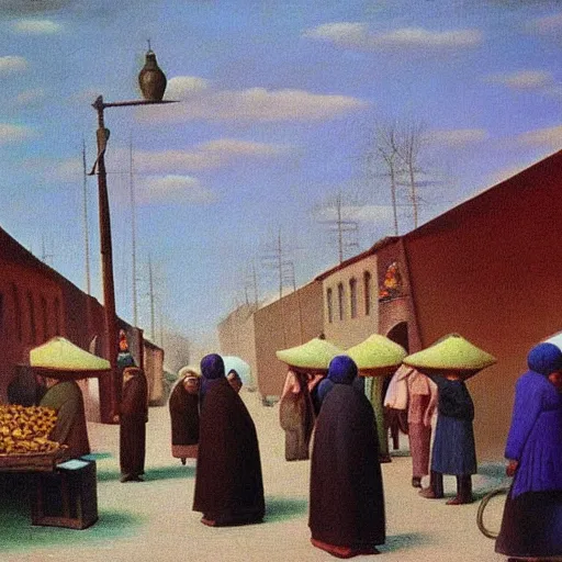 Prompt: market in old samarkand, pastel painting, by rene magritte