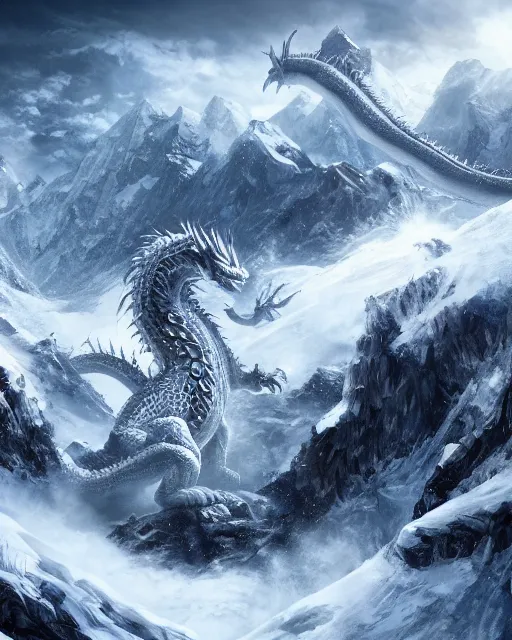 Prompt: giant snow dragon standing on a snowcapped mountain, highly detailed, 4 k, hdr, award - winning, directed by zack snyder, trending on art station, matte