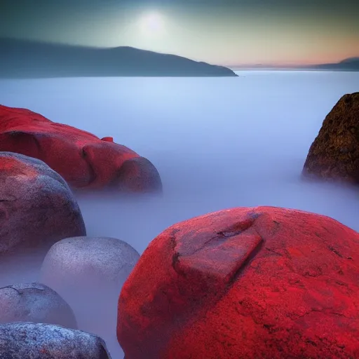 Prompt: surrealism rocky landscapen dar colors, dense fog, red sky, golden sun