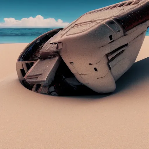 Image similar to 8 k hd detailed octane render of an alien spaceship crashed on a beach