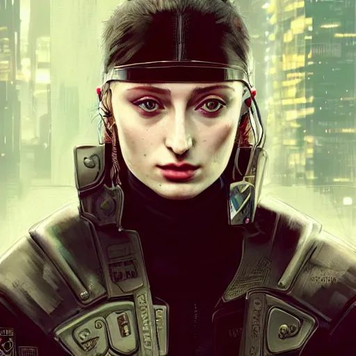 Image similar to sophie turner, streetwear techwear cyberpunk style outfit, parial mask, detailed portrait, intricate complexity, by greg rutkowski, cushart krentz, artgerm, ross tran, conrad roset, takato yomamoto, ilya kuvshinov. 4 k, beautiful, cinematic dramatic atmosphere, portrait lighting