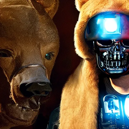 Prompt: a terminator android dressed as a cowboy while riding a bear, 8 k, movie still, high detail