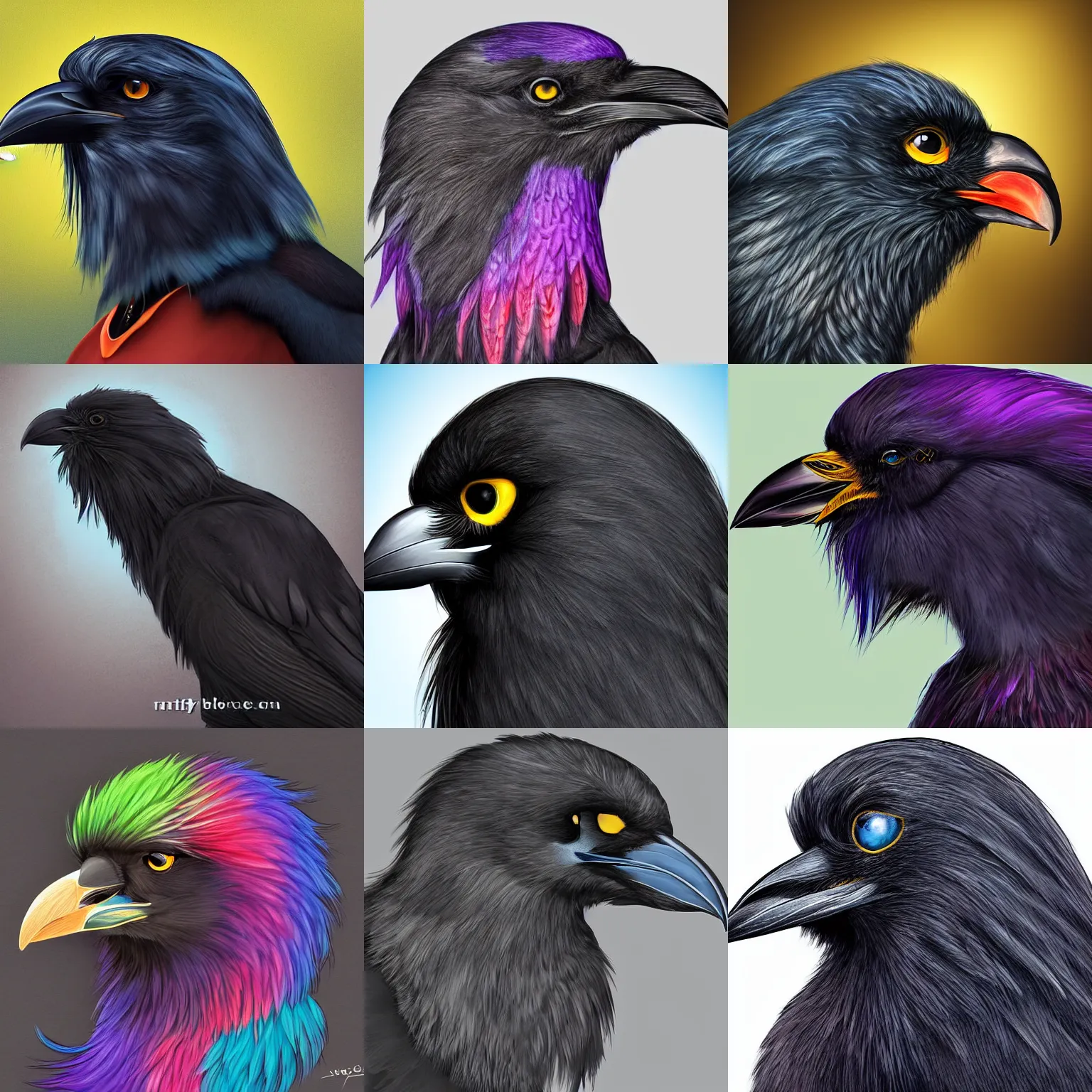 Prompt: very very beautiful furry art, bust profile picture of a male anthro crow, commission on furaffinity, highly detailed digital art, vibrant colors, feathers
