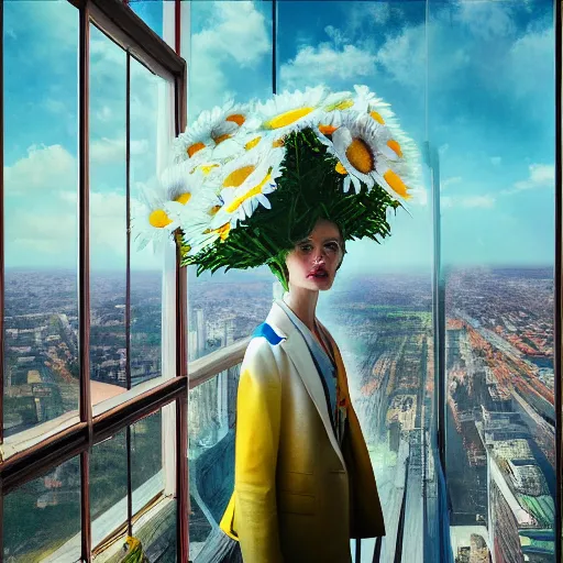 Prompt: huge daisy flower head, a woman in suit, standing in modern window in luxury apartment, surreal photography, sunlight, impressionist painting, digital painting, artstation, simon stalenhag