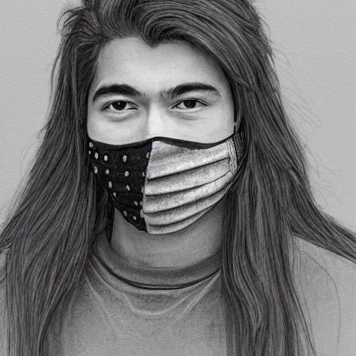 Image similar to professional pencil sketch of a young adult man with slightly long hair wearing a black face mask and an oversized dark sweatshirt and dark sweatpants, high quality, HD, 8K, highly detailed, award-winning