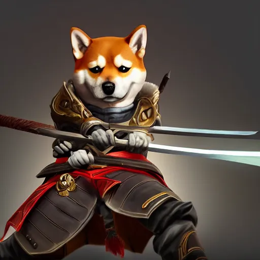 Image similar to shiba inu samurai warrior as a league of legends character, michael maurino, alex flores, paul kwon, cinematic, highly detailed, concept art, 3 d cgi, dramatic lighting, focus, smooth, heroic, hyper realistic background, in the style of league of legends, lol