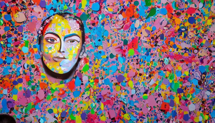 Image similar to An image of a woman holding colorful artwork featuring face on a wall. a colorful piece of art that shows faces all over a mural A bunch of art pieces with faces painted over them or painted on them in colors. A large piece of artwork that shows a face in a painted background on a wall. A piece of art covered in faces and hand painted with various designs.