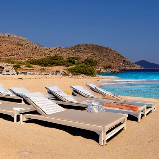 Image similar to sun beds on Elafonissi Beach in crete, 8k resolution, hyper detailed