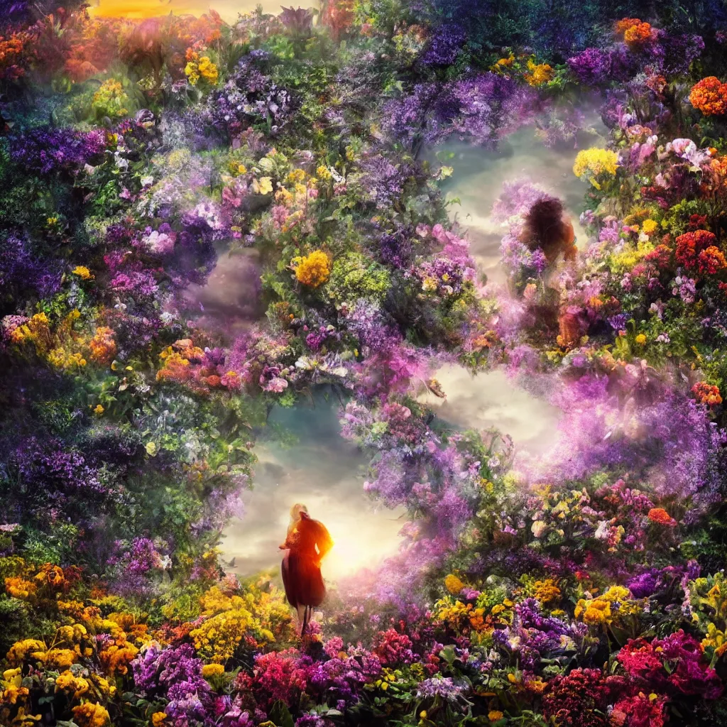 Image similar to a planet of various flowers, fungus and plants, in which the human figure is dressed in something magical and impressive, inside the picture is infinity, sunset light, Atmospheric phenomenon, artistic photography, muted colors, conceptual, long exposure outside the city