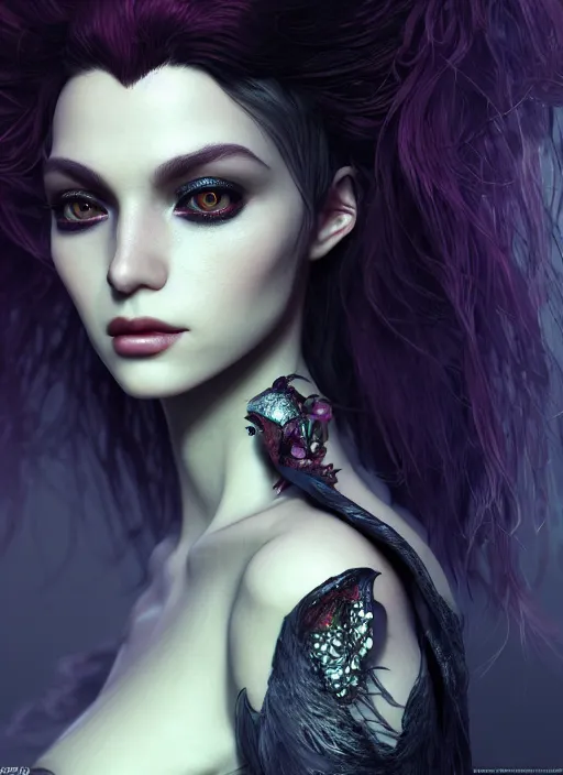 Image similar to close - up portrait of an absurdly beautiful, graceful, sophisticated, fashionable dark witch, hyperdetailed illustration by irakli nadar and vania zouravliov, day - glow, unreal engine 5 highly rendered, global illumination, radiant light, detailed and intricate environment