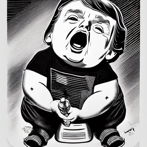 Image similar to chubby baby donald trump, high details, bold line art, by vincent di fate and joe fenton, inking, etching, screen print, masterpiece, trending on artstation, sharp, high contrast, hyper - detailed, hd, 4 k, 8 k