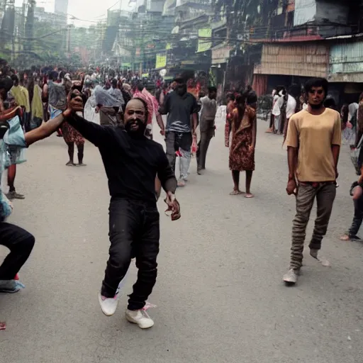 Prompt: photograph of Kanye West dancing in a street of Dhaka