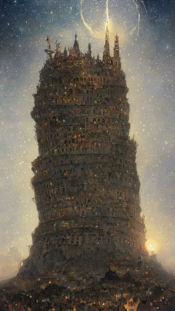 Image similar to a beautiful painting of the tower of babel, at night with a sky full of stars, intricate, elegant, highly detailed, digital painting, artstation, concept art, by krenz cushart and artem demura and alphonse mucha