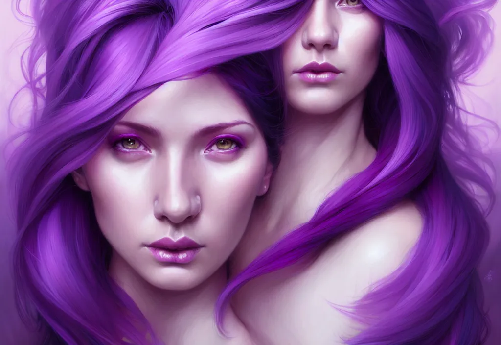 Image similar to Purple hair relistic Portrait of a two woman with bright colored flying hair, all shades of purple. Beauty face, Hair coloring, fantasy, intricate, elegant, highly detailed, digital painting, artstation, concept art, smooth, sharp focus, illustration, art by artgerm and greg rutkowski and alphonse mucha