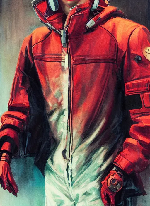 Image similar to cyberpunk character wearing jumpsuit and red jacket and cyberpunk headset. ( blade runner 2 0 4 9, dystopian, cyberpunk 2 0 7 7 character design ). attractive face. portrait by james gurney and laurie greasley, oil on canvas. cinematic, hyper realism, realistic proportions, full view, dramatic lighting, high detail 4 k