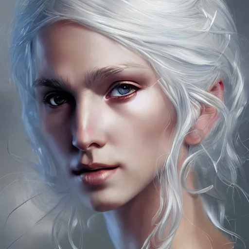 Image similar to god, young, white hair, long hair, intricate, ethereal, highly detailed, sharp focus, artstation, digital painting, by stanley lau and artgerm