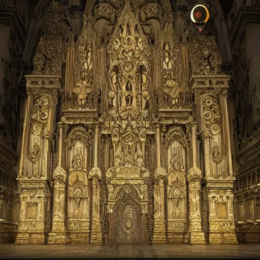 Image similar to a beautiful hyperrealistic 3 d render of an ivory sculpture of an ornate detailed cathedral populated by mandelbrot fractals, micro detail, 8 k, unreal engine, volumetric lighting, octane renderer, catholicpunk, colorful, physically based rendering, carved soap, trending on cgsociety