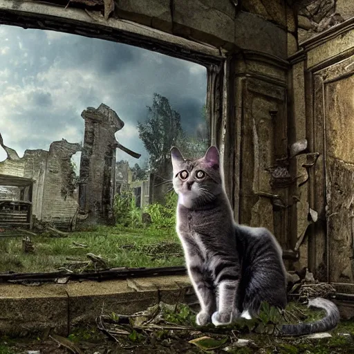 Image similar to a cat living in a post apocalyptic world, ruines, lush trees and beautiful gardens, remnants of the old civilization that once lived, highly detailed photograph.