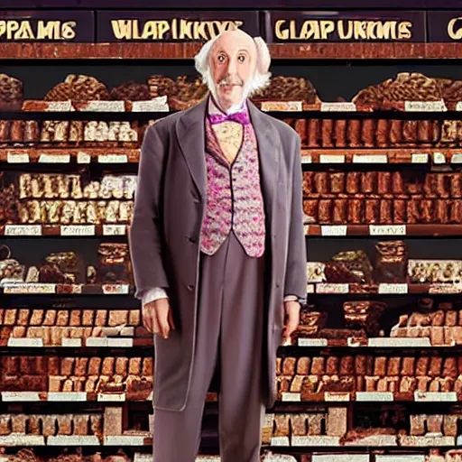 Image similar to a movie still of grandpa joe from willy wonka, posing in front of a lifetime supply of chocolate, dynamic lighting, 8 k, 2 0 2 2 picture of the year