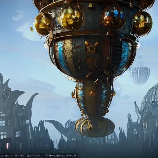 Image similar to enormous flying city in a faberge egg, sky, steampunk, fantasy art, masterpiece, unreal engine 5