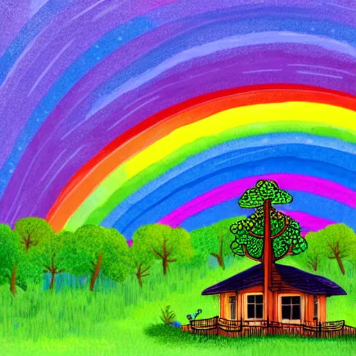 Prompt: : forest park with a tree house after it rained earlyin the morning rainbowin the sky, illustration art style