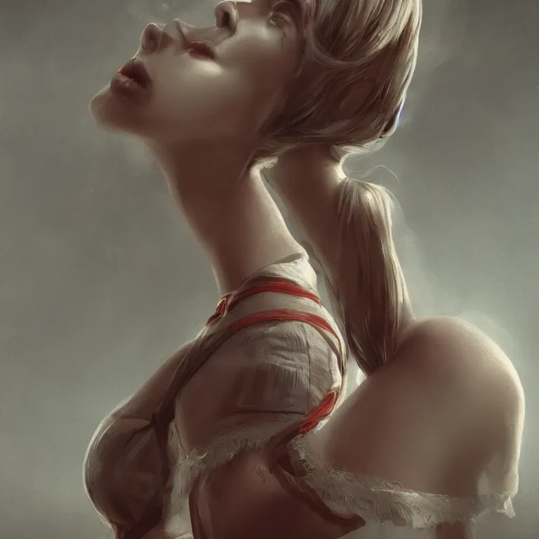 Image similar to a beautiful Cotton Mill Girl, symmetrical, perfect body and face. dramatic angle, ornate, details, smooth, sharp focus, illustration, realistic, cinematic, artstation, award winning, rgb , unreal engine, octane render, cinematic light, macro, depth of field, blur, red light and clouds from the back, highly detailed epic cinematic concept art CG render made in Maya, Blender and Photoshop, octane render, excellent composition, dynamic dramatic cinematic lighting, aesthetic, very inspirational, arthouse by Henri Cartier Bresson