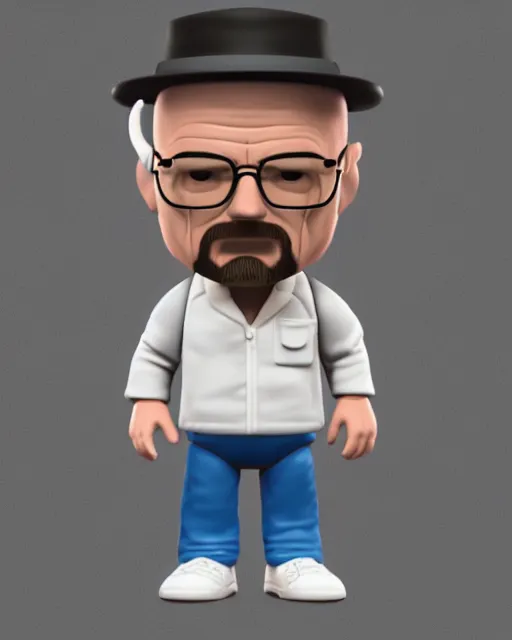 Image similar to full body 3d render of Walter White as a funko pop, studio lighting, white background, blender, trending on artstation, 8k, highly detailed