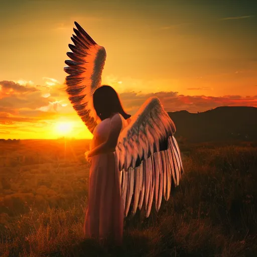 Prompt: beautiful angel with majestic wings flying in the sky during a sunset, cinematic, photo, real