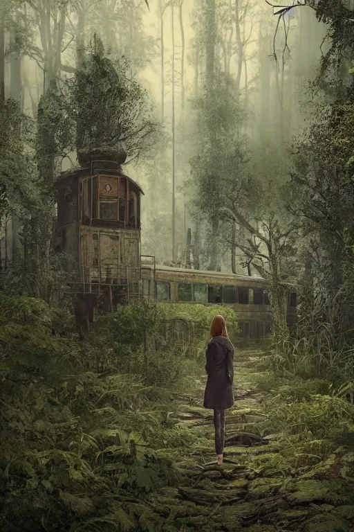 Image similar to Girl standing on the left at the old train station looking forward to the train, old train heading to station with lights on, dense creepy forest with a lot of detail, the tracks covered with vegetation, highly detailed, matte painting, 4k, 8k resolution, trending on artstation, octane render, unreal engine, cinematic