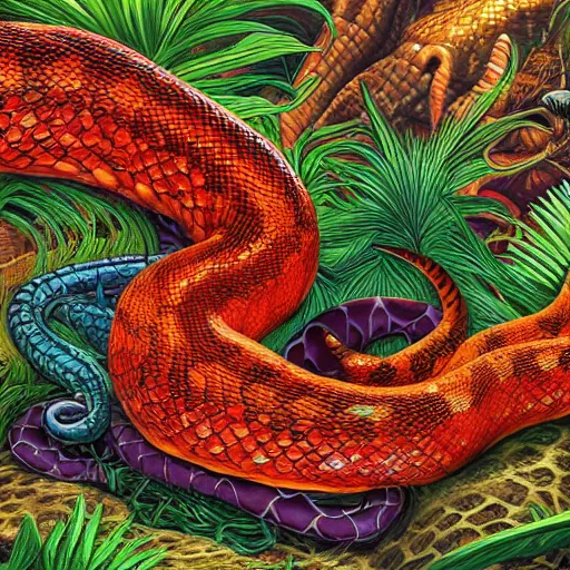 Prompt: anthropomorphic naga snake - like creature, upper chest resembling the one of a female human but with scales, lower belly onwards the tail of a snake. drawn like a furry art piece, looking directly at the viewer, their eyes a multitude of colors. the background is an endless jungle. snake, naga, furry, digital art, hd