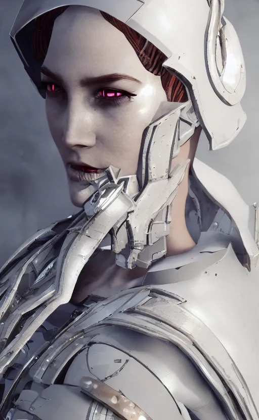 Image similar to white cyborg fashion shot, cyber copper spiral decorations, white elegant baroque design, headshot half figure, photorealistic, 8k, hyper detailed, unreal engine, trending on artstation,