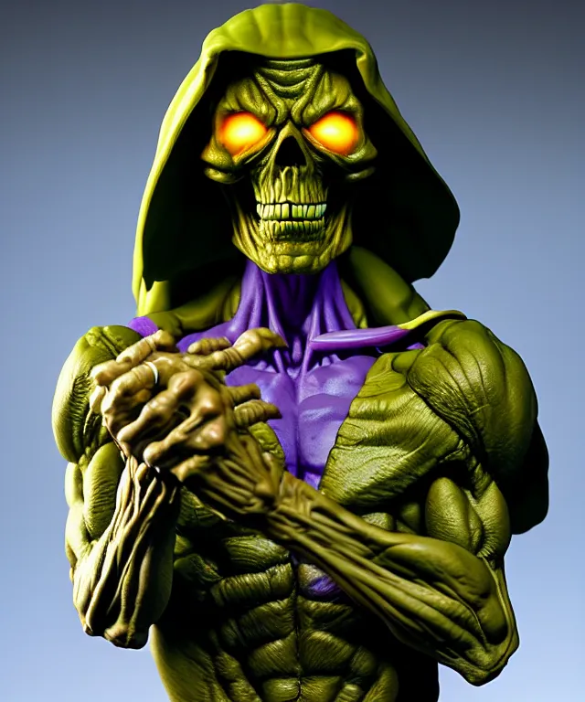 Image similar to hyperrealistic rendering, skeletor, by art of skinner and richard corben and jeff easley, product photography, action figure, sofubi, studio lighting, colored gels