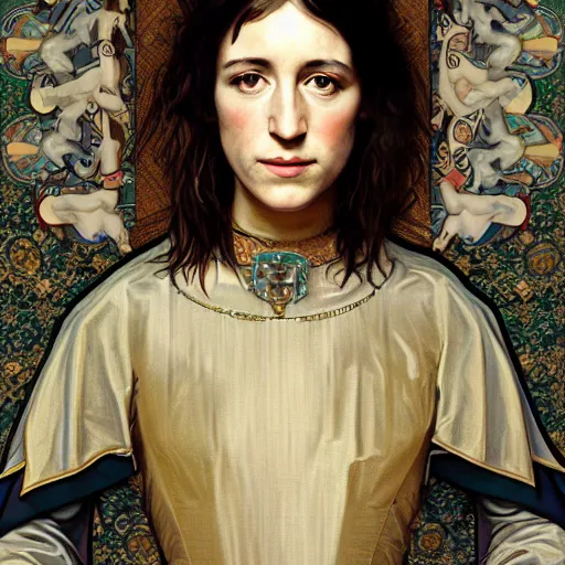 Image similar to portrait of charlotte gainsbourg as joan of arc, hyperreal digital painting, iconography influenced by alphonse mucha and eugene delacroix, arstation and deviantart trends, high resolution 8 k