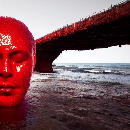 Image similar to a giant human head sculpture in the sea made out of red jelly, in the style of chad knight, long shot, hyper detailed, hyper realistic, ray tracing, 8 k resolution, sharp focus, realistic water, award winning