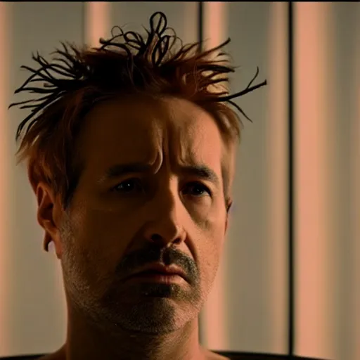 Image similar to a man with a cubed head, film still from the movie directed by Denis Villeneuve with art direction by Salvador Dalí, wide lens