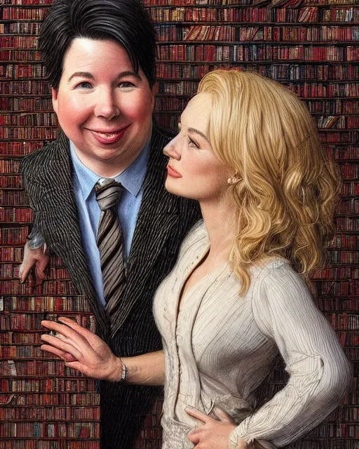 Prompt: a close up portrait of michael mcintyre & a blonde lady on staircase at livraria lello, real life skin, intricate, highly detailed, artstation, concept art, smooth, sharp focus, art by artgerm and greg rutkowski