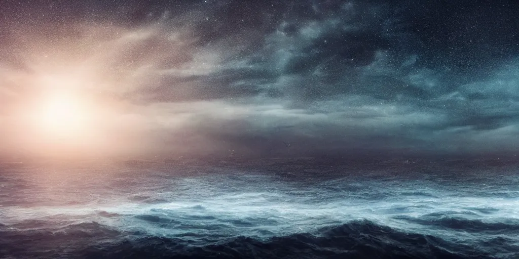 Image similar to a highly detailed realistic photographic render of a boat in a sea of stars, surreal, cinematic lighting, cinematic scene, volumetric lighting, atmospheric scene, dark, mystery, atmospheric lighting, realistic, photo realism, hyper realistic, hyper realism, photo realisitc, cinematic render, film, beautifully lit, ray traced, octane 3 d render, octane render, unreal engine