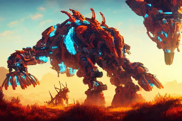 Prompt: fireclaw machine mecanical creature robot of horizon forbidden west horizon zero dawn bioluminiscence global illumination ray tracing hdr fanart arstation by ian pesty and alena aenami artworks in 4 k