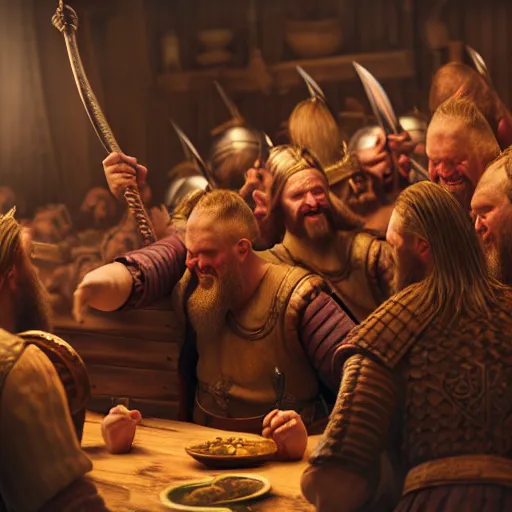 Prompt: Selfie shot, viking brothers in a crowded tavern, anatomically correct, dof, Arnold Render, intricately detailed, 8k