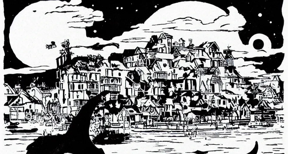 Prompt: seaside village, night, moon in sky encircled by clouds, heavy ink!!!!!!! mike mignola