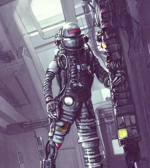 Image similar to realistic cyberpunk japanese engineer with long limbs and a black spacesuit welding a wall, techwear, dead space, visible face, Industrial Scifi, detailed illustration, character portrait, by Martin Grip and Moebius