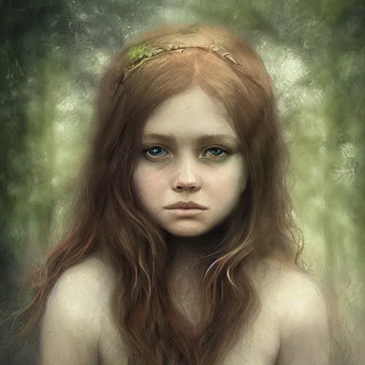 Image similar to a forest child girl portrait by leesha hannigan, fantasy, artwork, digital art, highly detailed face, nature, light, fog