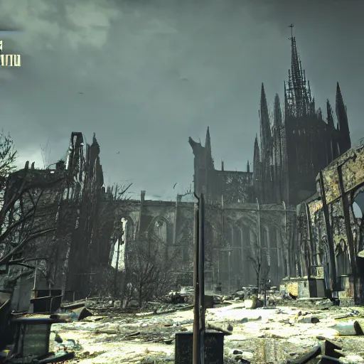 Image similar to Aachen Cathedral in ruins post-nuclear war in Fallout 4, in game screenshot