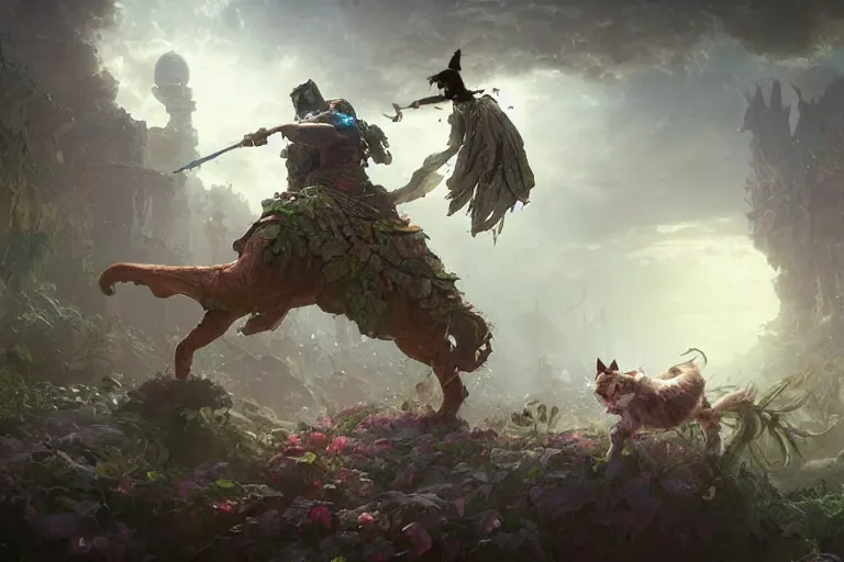 Image similar to a muscular tunisian man wearing plants fighting a cat wearing a crown and cape wielding a scepter, fantasy, digital painting, volumetric light, intricate, sharp, focus, bloom, illustration, highly detailed, concept art, matte, ruan jia, randy vargas, greg rutkowski