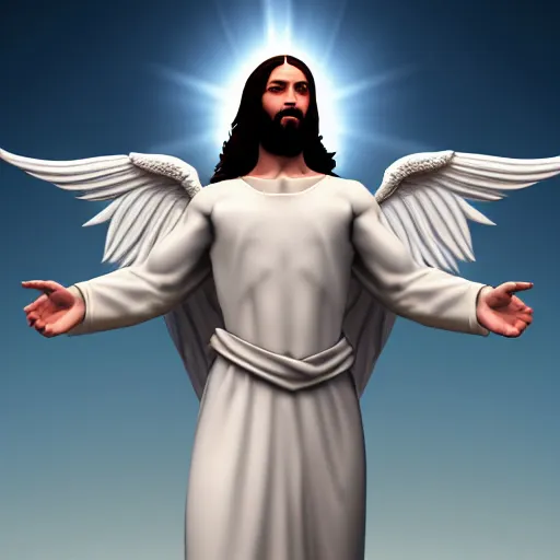 Image similar to Jesus Christ with white wings, dynamic lighting, +++ dynamic pose, high resolution, powerful, halo, 8k