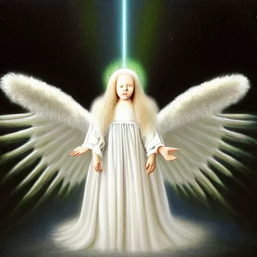 Image similar to highdetailed hyperrealistic painting of white angel!!! no gender!!!, giant ball of miracle light from the chest!!!!!, white sparkles everywhere, 4 k hd fur face!!!, big wings, by jan van eyck, holography space, glow effect, large strokes, soft and clean, white monochrome color!!!!!