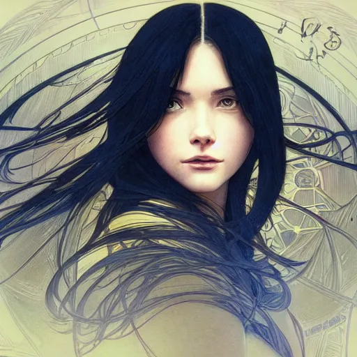 Image similar to portrait of a woman, long black hair, in front of a sci fi cityscape, by tetsuya nomura and annie swynnerton, makoto shinkai, alphonse mucha, detailed, cinematic, wide angle, dark sepia toned shading, luminescent eyes, detailed face, expressive eyes, blue fire everywhere, trending on artstation.